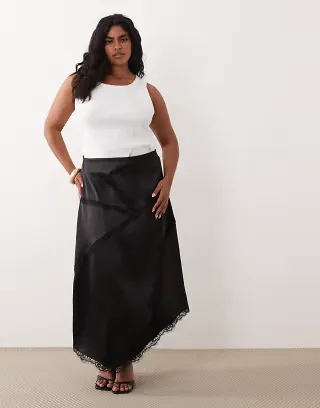 ASOS DESIGN Curve satin asymmetric maxi skirt with lace detail in black