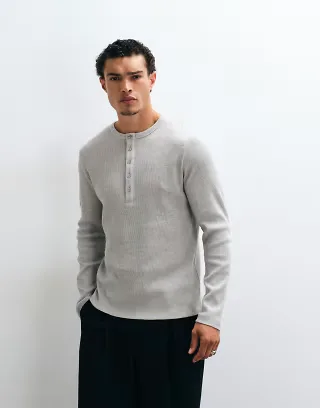 ASOS DESIGN heavyweight regular fit long sleeve t-shirt with henley neck in heathered cream waffle knit