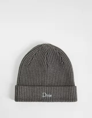 Dime knitted rib logo beanie in dark gray
