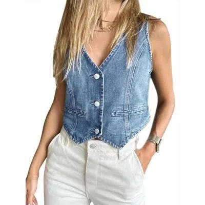 Imily Bela Women's Sleeveless V-Neck Button Down Denim Vest