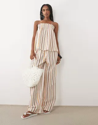 ASOS DESIGN linen blend trapeze bandeau cami top in cream stripe