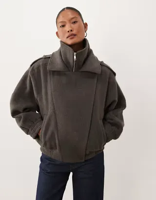 ASOS DESIGN Petite formal oversized moto jacket with wool in charcoal