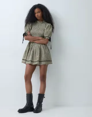 Reclaimed Vintage mini dress with shirred bodice and contrast trims in brown check