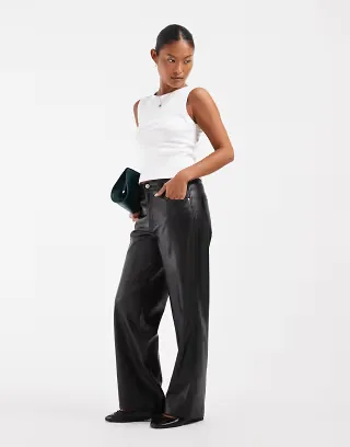 ONLY Petite high waist faux leather pants in black