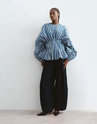 ARRANGE volume sleeve pleated cinched waist top in blue stripe