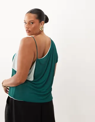 ASOS DESIGN Curve double layer contrast mesh asymmetric tank top in teal and mint