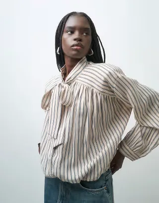 ASOS DESIGN pussybow blouse in cream pinstripe
