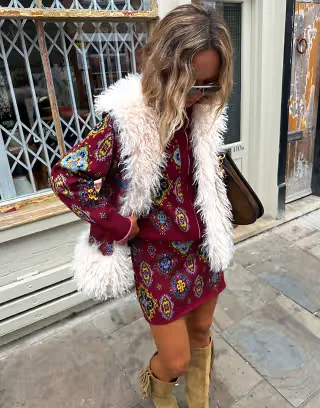 Never Fully Dressed fine knit high rise mini skirt set in burgundy print