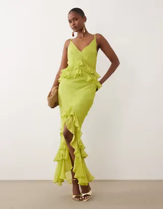 ASOS DESIGN ruffle column cami maxi dress in lime green