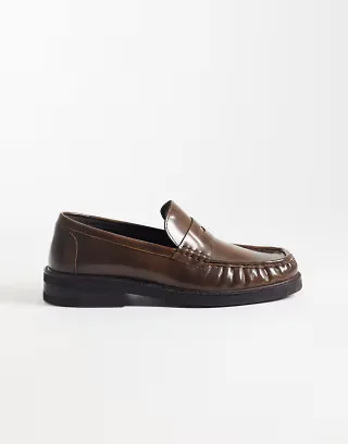 ASOS DESIGN penny loafers with ruched apron in brown leather