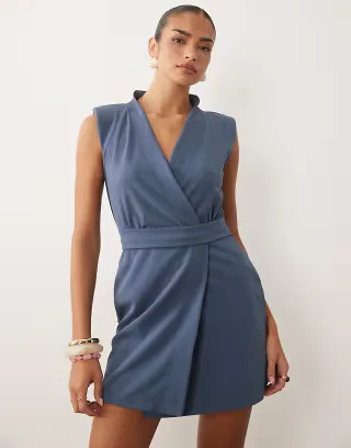 ASOS DESIGN belted wrap mini dress with shoulder pad in charcoal scuba-style fabric
