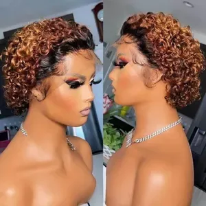 Lace Wig Ombre Blonde Pixie Cut, Short Curly Human Hair Wig with Natural Hairline, Transparent Lace Wig for Women