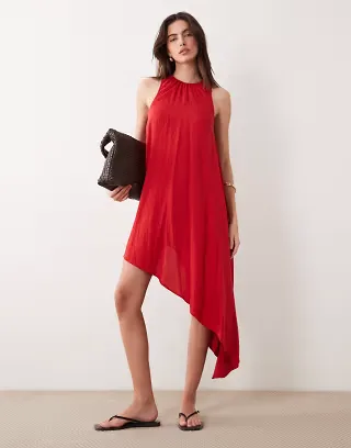 ASOS DESIGN performance fabric asymmetric hem volume mini dress in red