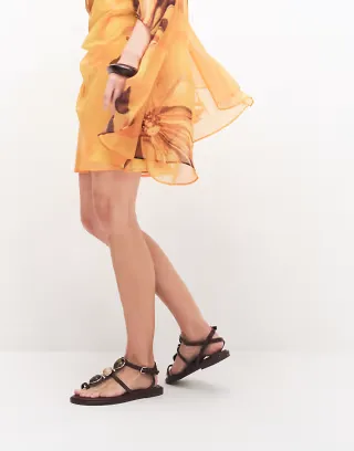 ASOS DESIGN Fenella flat sandals with oversized stone detailing in chocolate