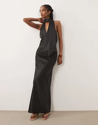 Miss Selfridge satin maxi length set in black