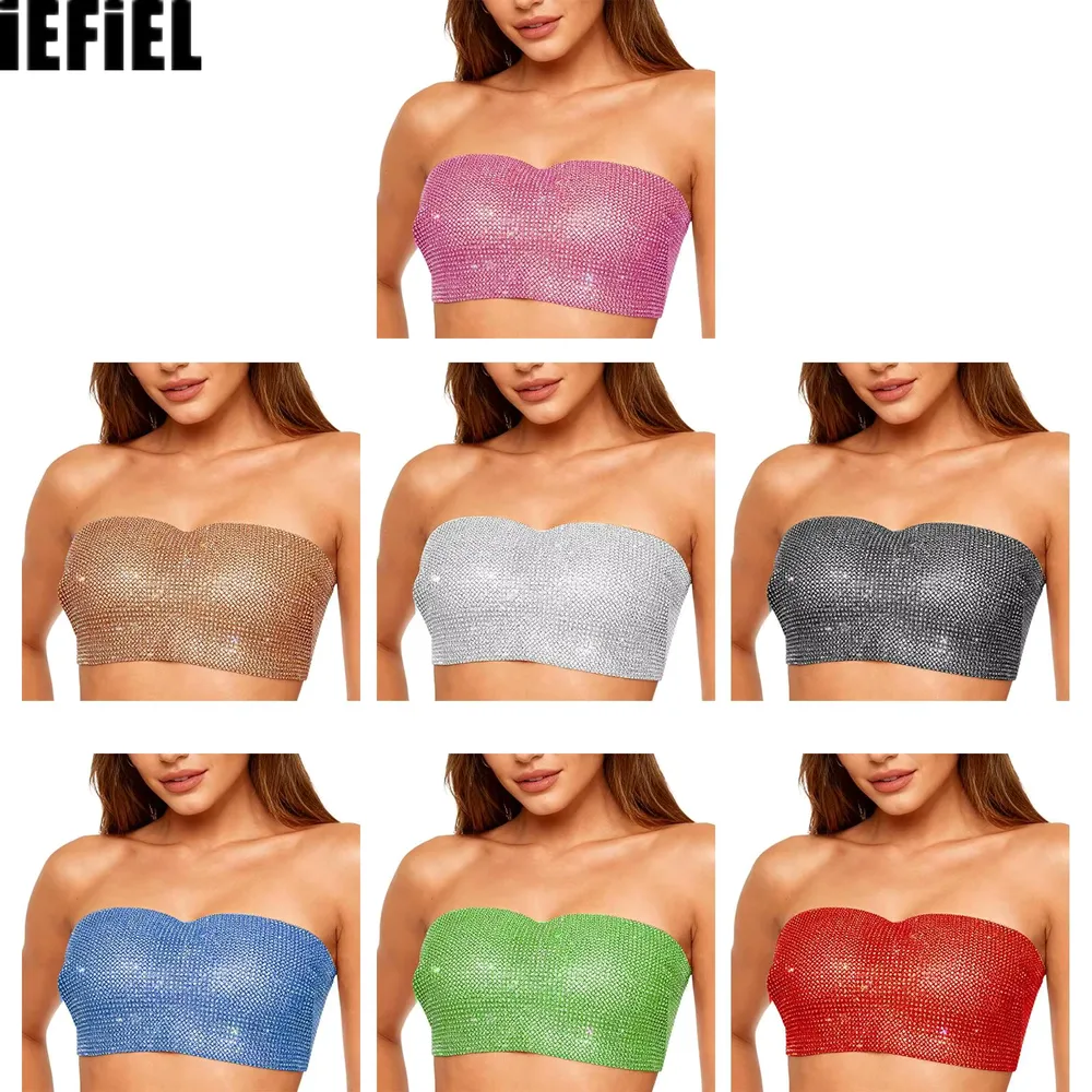 Sparkly Rhinestone Crop Top for Women Adjustable Strapless Tie Up Style Chest Wrap Tank Top Club Outfits
