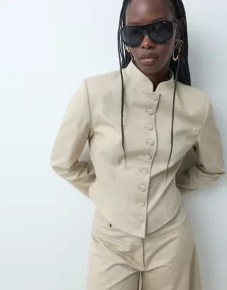 ASOS DESIGN cinch mandarin military jacket in stone