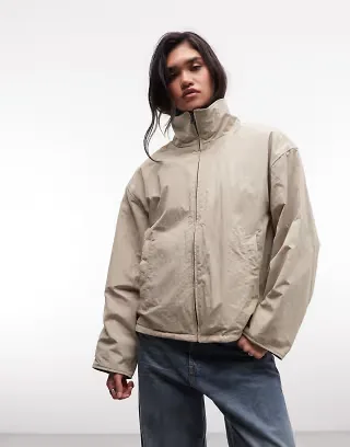 Weekday high neck track jacket with teddy fleece lining in beige