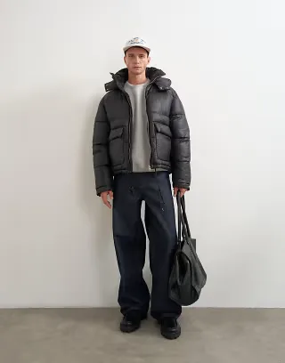 Topman textured puffer with detachable hood in black