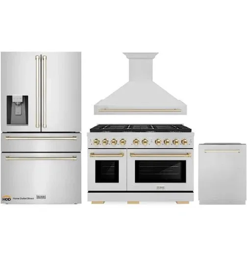 ZLINE Autograph Edition 4-Piece Appliance Package - 48-Inch Gas Range, Refrigerator with Water Dispenser, Wall Mounted R