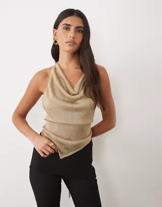 ASOS DESIGN metallic knit cowl neck asymmetric top in gold