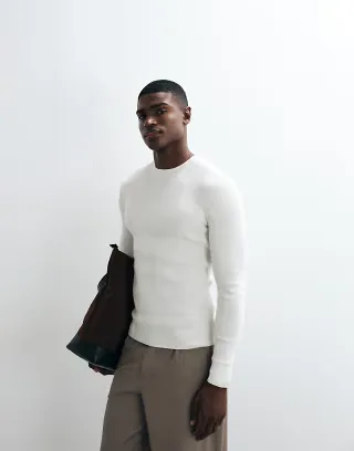 ASOS DESIGN Essentials micro rib muscle fit lightweight knit sweater in ecru