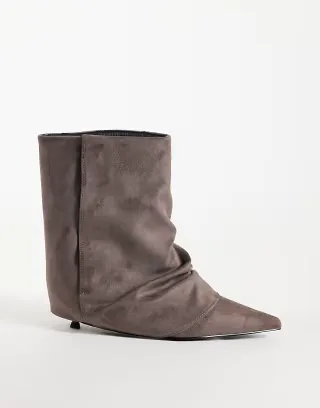 Simmi London Dixee fold-over ruched ankle boots in gray suedette