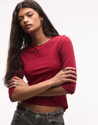 Weekday slim three-quarter-length sleeve top in cherry red