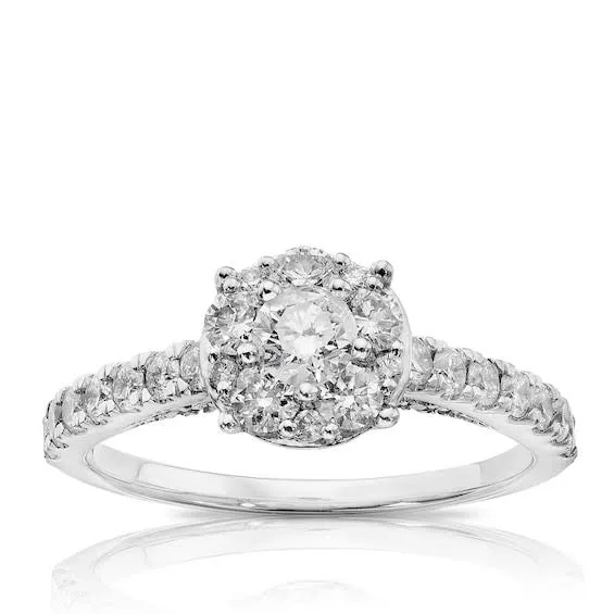 Ernest Jones Engagement Ring 9ct White Gold Round Cluster 0.95ct Diamond Ring