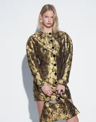 ASOS DESIGN crew neck structured button down mini dress in gold floral