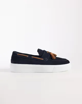 ASOS DESIGN tassel loafers with cup soles in navy suede and tan leather detailing