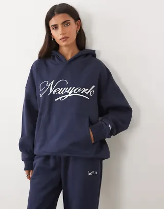 Kaiia cotton rich embroidered New York script logo oversized hoodie in navy - part of a set