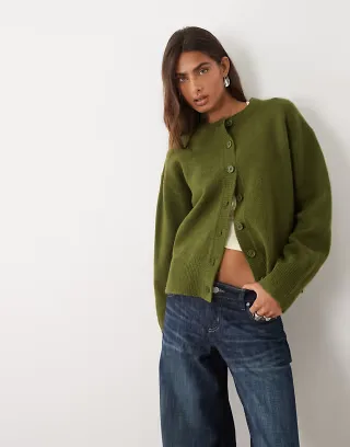 ASOS DESIGN boxy cardigan with side slit detail in olive