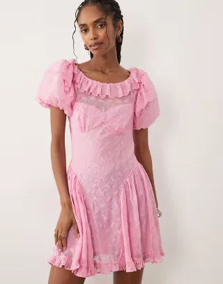 For Love & Lemons Hamptons broderie ruffle neckline puff sleeve mini dress bright in pink