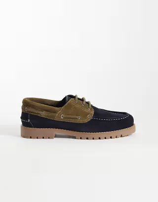 ASOS DESIGN boat shoes with cleated sole in khaki and navy suede