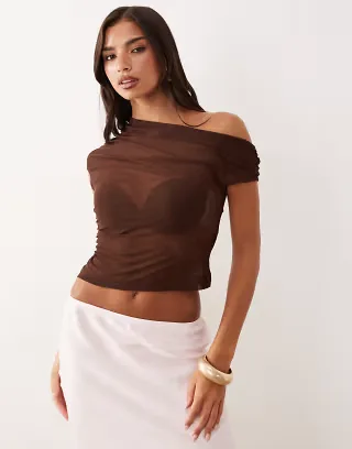 ASOS DESIGN sheer mesh ruched one shoulder asymmetric top in chocolate