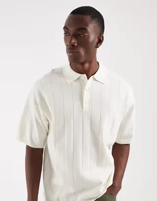 JJ Rebel rib knit polo shirt in off white