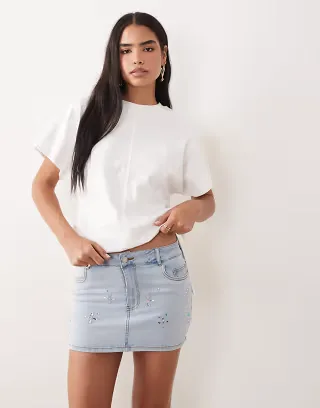 Oh Polly mid rise embllished mini skirt in stonewash denim