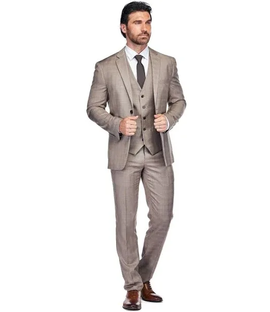 Gino Vitale Men's 3 Piece Slim Fit Brown Check Suit - Light brown