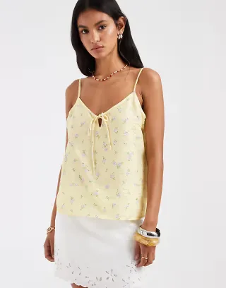 PIECES tie front cami top in yellow micro floral print