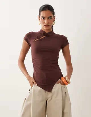 ASOS DESIGN stand collar cap sleeve top in chocolate