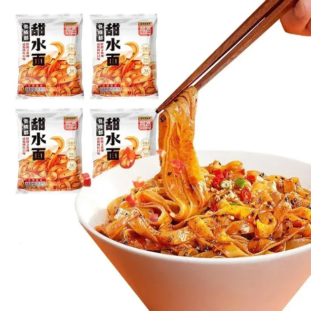 Sweet & Spicy Sichuan Style Wide Ramen Noodles (Pack of 4) – Non-Fried Chewy Knife-Cut Noodles with Chili Oil Sauce, Chi