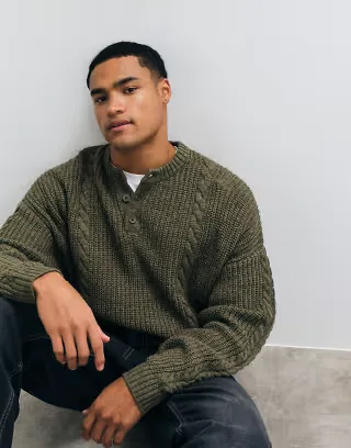 ASOS DESIGN super oversized cable knit henley in green