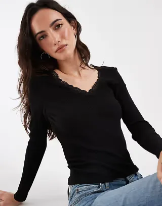 ONLY v neck long sleeve top with lace detail in black