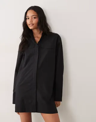 ASOS DESIGN poplin mini shirt dress with wide cuffs and oversized pockets in black