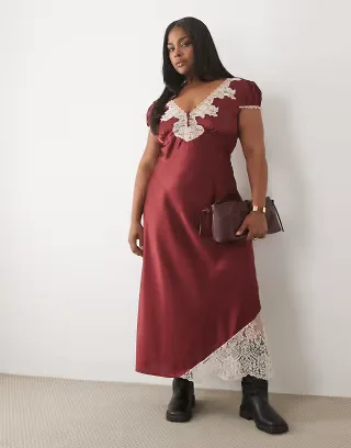 ASOS DESIGN Curve satin tea maxi dress with contrast lace in burgundy