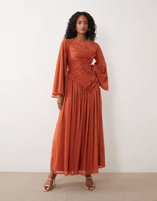 ASOS DESIGN crinkle chiffon gathered maxi dress with micro ruffles in burnt orange