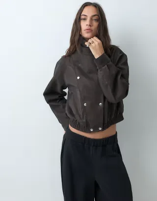 ASOS DESIGN premium croc PU bomber jacket in chocolate