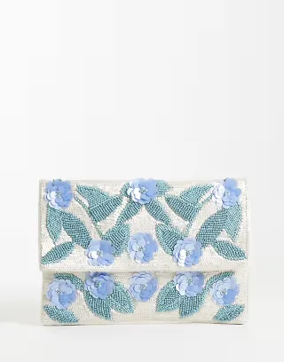 True Decadence embellished floral envelope clutch purse in teal blue