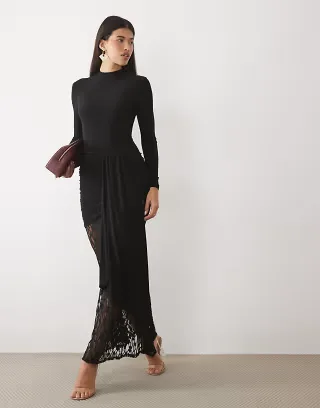 ASOS DESIGN lace mix long sleeve maxi dress in black